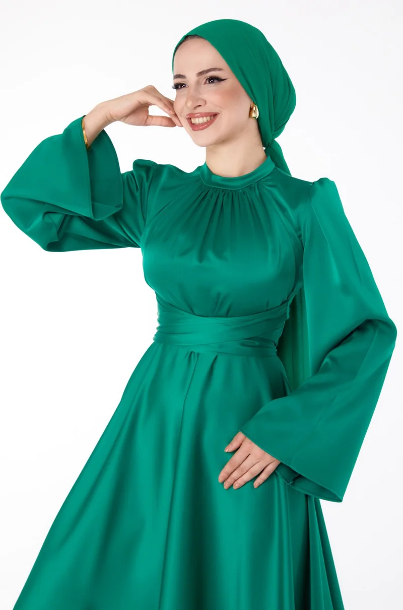 Tofisa Plain Hooded Collar Women's Green Cross Belted Evening Dress - 25646