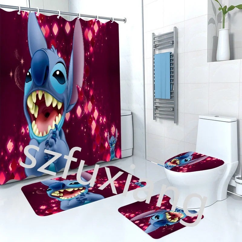 Y&D ized Cartoon Classic Animation Character Stitch 3D Bathroom Waterproof Shower Curtain 4Pcs Set With Hooks & Mat - Image 1