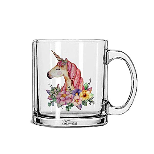 TONKWALAS Beautiful Unicorn Head with Flowers Printed Transparent Glass Coffee and Tea Mug for Girls Gift on Birthday (325 ML) - Image 1
