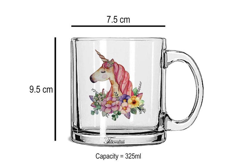 TONKWALAS Beautiful Unicorn Head with Flowers Printed Transparent Glass Coffee and Tea Mug for Girls Gift on Birthday (325 ML) - Image 3