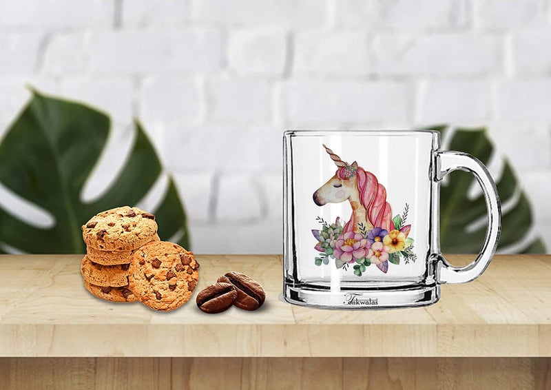 TONKWALAS Beautiful Unicorn Head with Flowers Printed Transparent Glass Coffee and Tea Mug for Girls Gift on Birthday (325 ML) - Image 2