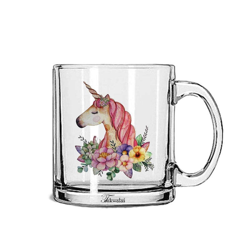 TONKWALAS Beautiful Unicorn Head with Flowers Printed Transparent Glass Coffee and Tea Mug for Girls Gift on Birthday (325 ML) - Image 5