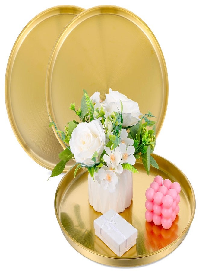 Lemecima 2 Pcs 12 Inch Gold Round Serving Tray Stainless Steel Circle Decorative Vanity Gold Plate Metal Jewelry Makeup Organizer Dishes for Gift Wedding Coffee Table Bathroom Dessert Christmas - Image 1