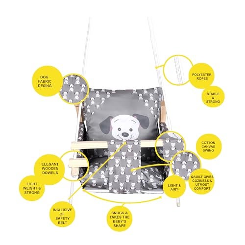 BOFFLE Baby Swing Hanging Indoor Outdoor, Wooden Swing, Baby Garden Swing, Jhula with 2 Pillow (Grey Dog) - Image 5