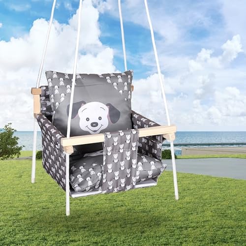 BOFFLE Baby Swing Hanging Indoor Outdoor, Wooden Swing, Baby Garden Swing, Jhula with 2 Pillow (Grey Dog) - Image 3