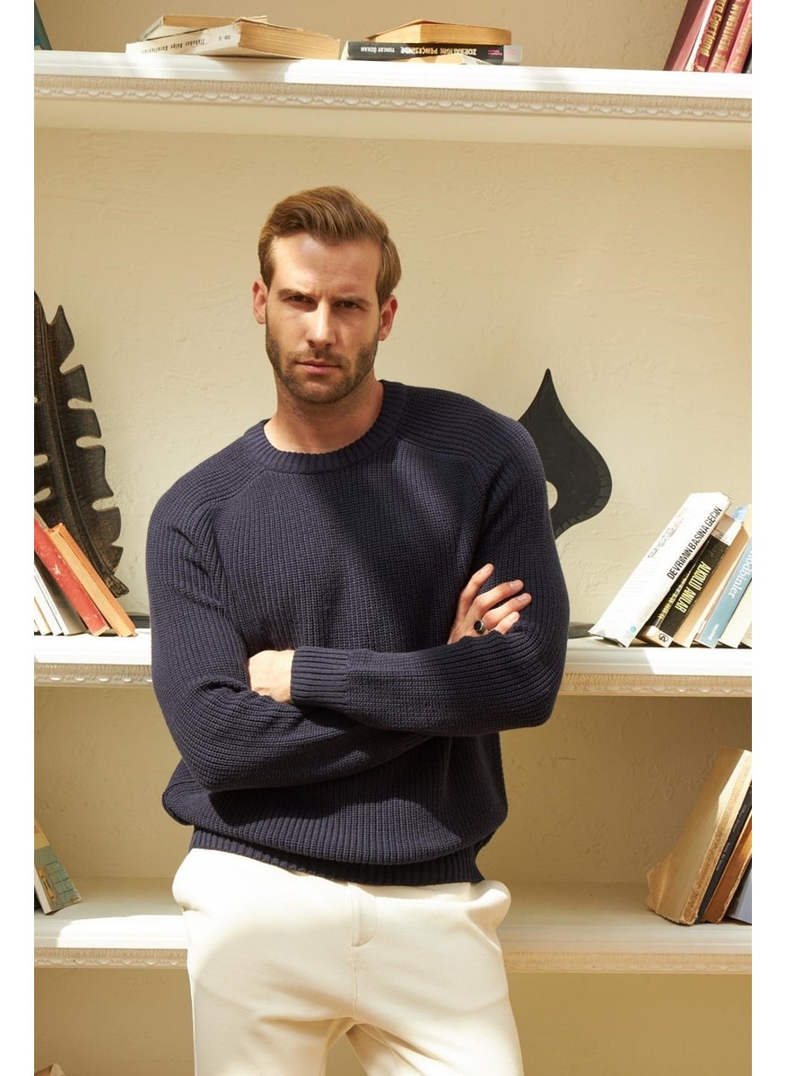Odelon - Crew Neck Selanik Knit Cotton Men's Navy Blue Knitwear Sweater - Image 1