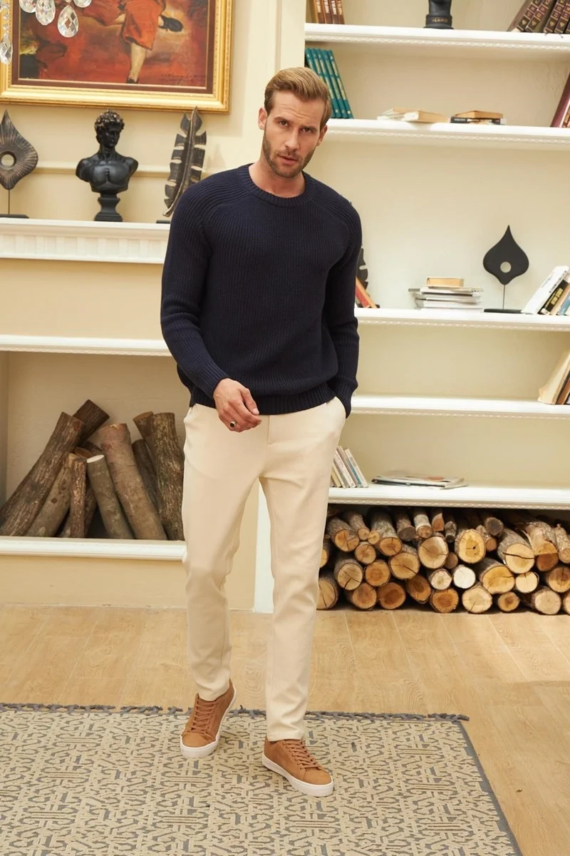 Odelon Crew Neck Selanik Knit Cotton Men's Navy Blue Knitwear Sweater