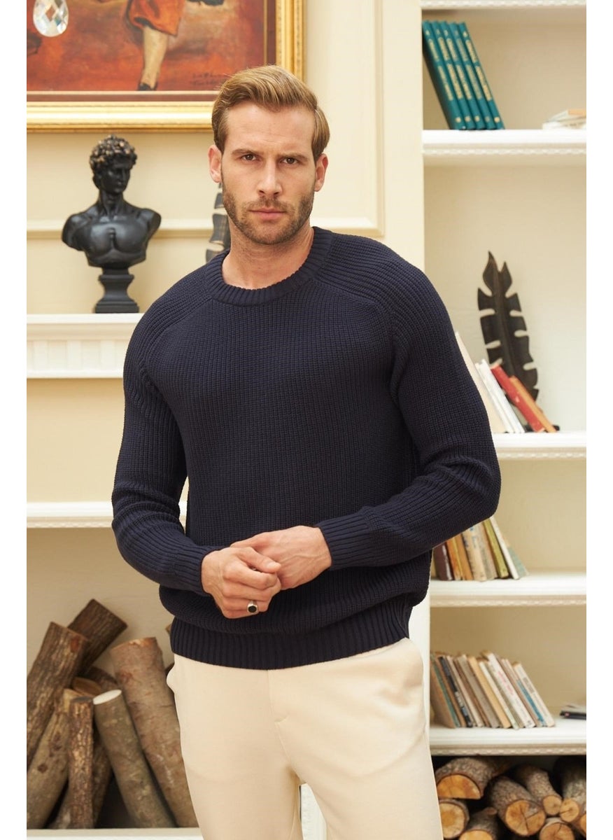 Odelon - Crew Neck Selanik Knit Cotton Men's Navy Blue Knitwear Sweater - Image 1