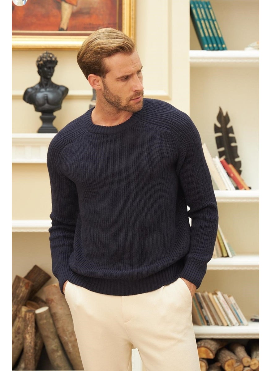 Odelon - Crew Neck Selanik Knit Cotton Men's Navy Blue Knitwear Sweater - Image 1