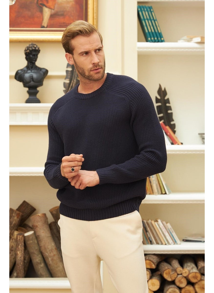 Odelon - Crew Neck Selanik Knit Cotton Men's Navy Blue Knitwear Sweater - Image 1