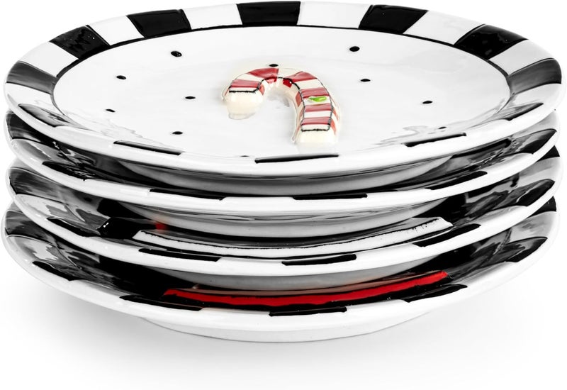 DEMDACO Heartful Home Holiday Black White Striped 65 Inch Ceramic Stoneware Christmas Tabletop Dcor Round Appetizer Serving Dish Plate Set of 4 Snowman Santa Tree Candy Cane - Image 4