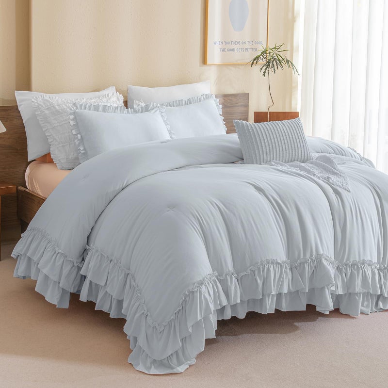 Masaca Shabby Ruffled King Comforter SetFarmhouse Cornflower Blue Bedding Comforter Lightweight Ultra Soft Vintage Rustic Bedding 3pc 1 Ruffle Comforter and 2 Pillowcases