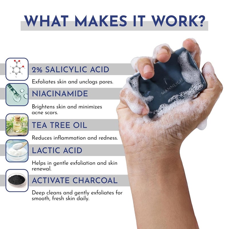 Mannlich AntiAcne Soap  Controls Excess Sebum  Handmade Body  Face Soap for AcneProne and Oily Skin  2 Salicylic Acid 2 Niacinamide  2 Tea Tree Oil  Brightens Skin Fades Dark Spots  Prevents Body Acne  pH Balanced SLS Free Dermatologically Tested  75 g Pack of 2 - Image 4