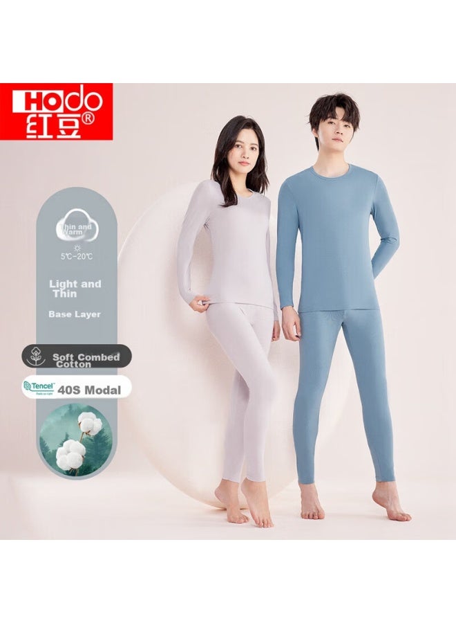 Hongdou Men's Underwear, Solid Color Cotton Round Neck Autumn Top And Pants, Thin Versatile Base Layer Thermal Underwear, Misty Blue 175 - Image 1