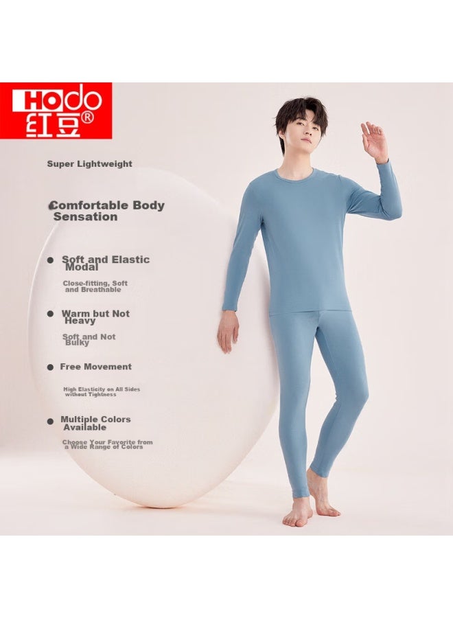 Hongdou Men's Underwear, Solid Color Cotton Round Neck Autumn Top And Pants, Thin Versatile Base Layer Thermal Underwear, Misty Blue 175 - Image 3