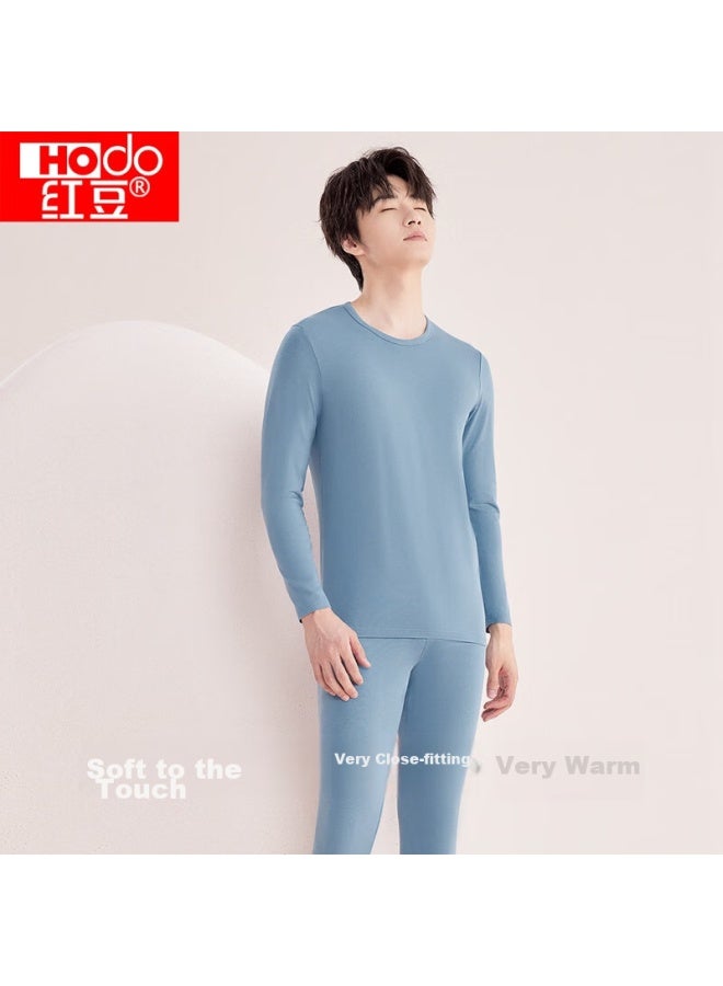 Hongdou Men's Underwear, Solid Color Cotton Round Neck Autumn Top And Pants, Thin Versatile Base Layer Thermal Underwear, Misty Blue 175 - Image 4