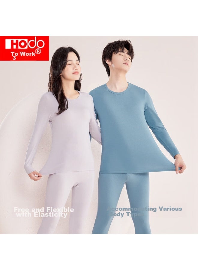 Hongdou Men's Underwear, Solid Color Cotton Round Neck Autumn Top And Pants, Thin Versatile Base Layer Thermal Underwear, Misty Blue 175 - Image 2