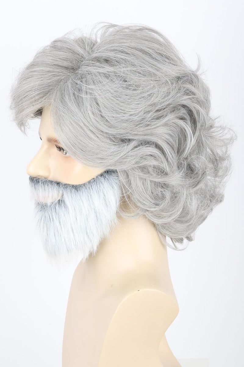 LeMarnia Old Man Wigs and Beard Set Grey Short Wavy Men Wig Halloween Costume Party Wig - Image 2