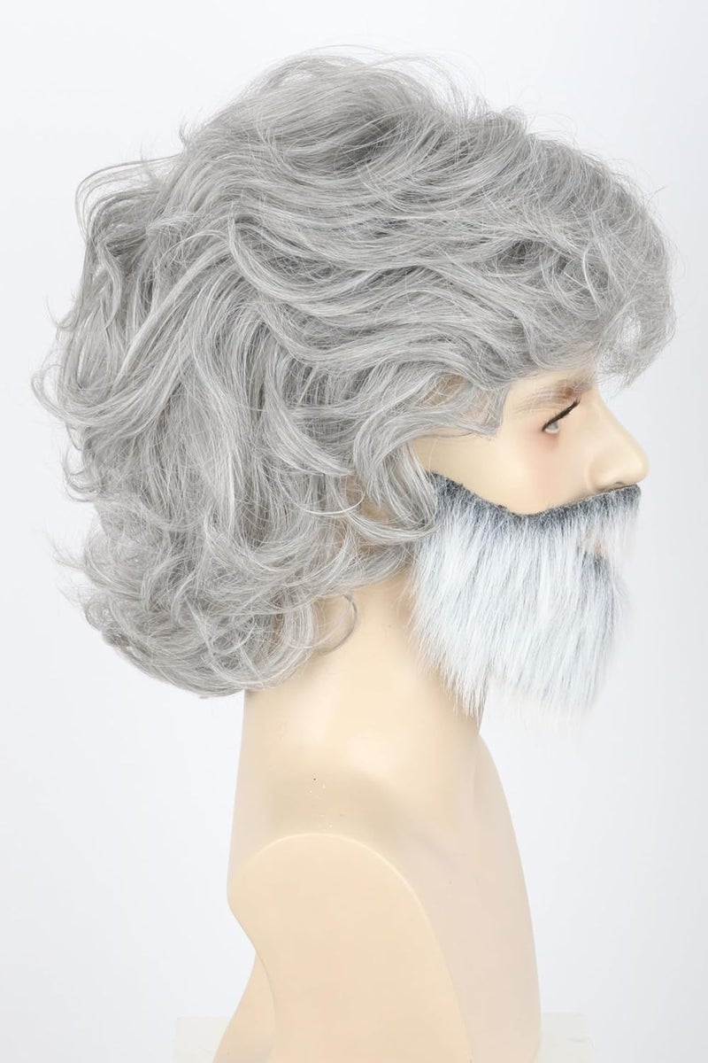 LeMarnia Old Man Wigs and Beard Set Grey Short Wavy Men Wig Halloween Costume Party Wig - Image 3
