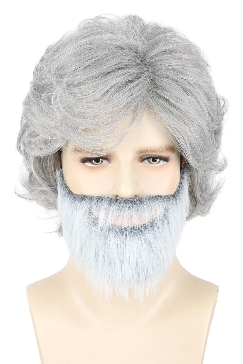 LeMarnia Old Man Wigs and Beard Set Grey Short Wavy Men Wig Halloween Costume Party Wig - Image 1