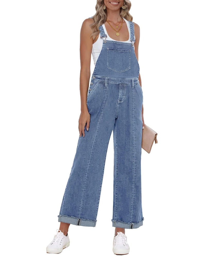 Vetinee Women Denim Jumpsuit Wide Leg Denim Jumpsuit Wide Leg Overalls For Women Overalls For Womens Loose Fit Soft Sky Blue Size Large Size 12-14 - Image 1