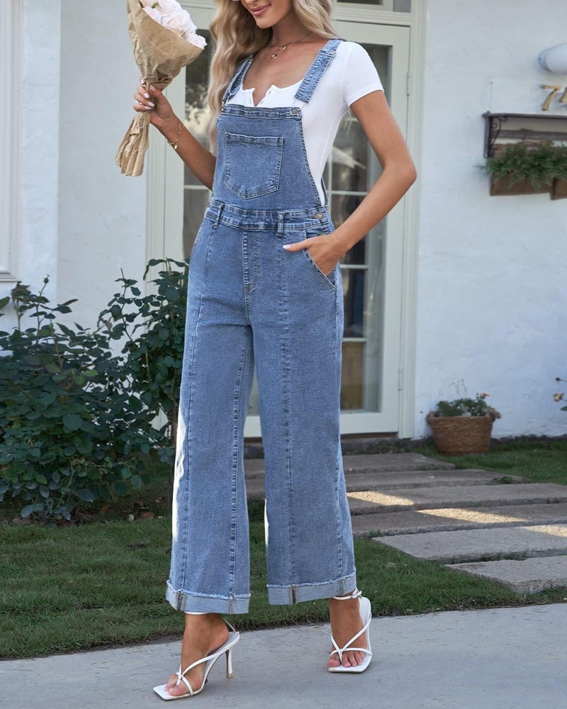 Vetinee Women Denim Jumpsuit Wide Leg Denim Jumpsuit Wide Leg Overalls For Women Overalls For Womens Loose Fit Soft Sky Blue Size Large Size 12-14 - Image 3
