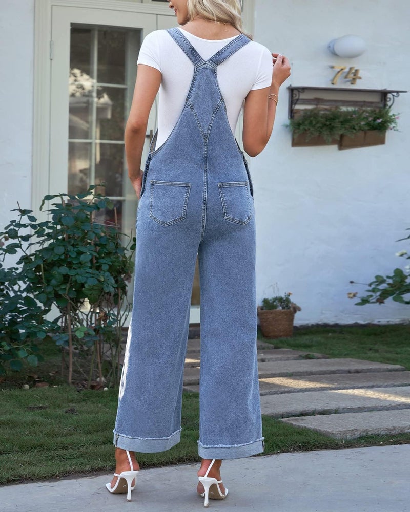 Vetinee Women Denim Jumpsuit Wide Leg Denim Jumpsuit Wide Leg Overalls For Women Overalls For Womens Loose Fit Soft Sky Blue Size Large Size 12-14 - Image 2