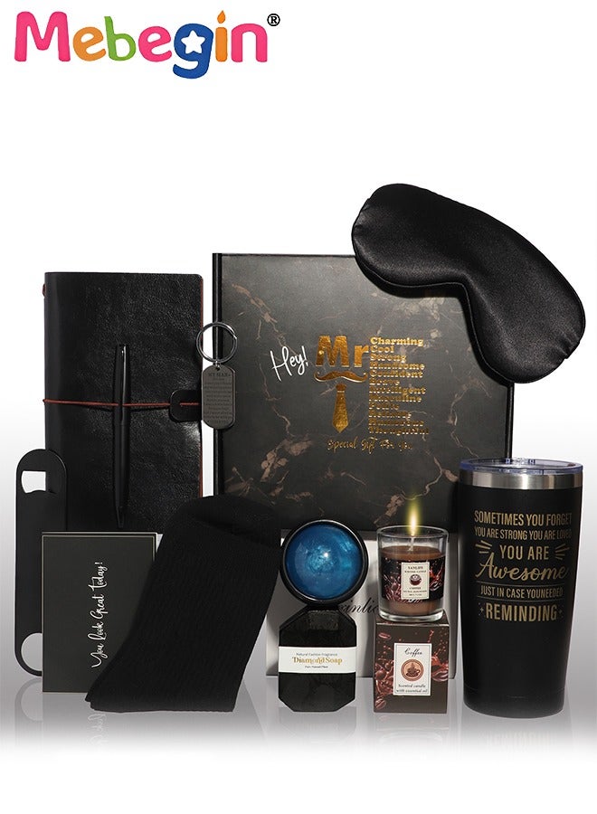 MEBEGIN 12PCS Gift Set for Men, Unqiue Gifts Kit with Pair of Sock, Diamond-shaped Soap, Notebook, Scented Candle and Other Items, Relaxing Spa Gift Basket, Creative Gifts for Father, Boyfriend, Husband, Brother, Grandpa - Image 1