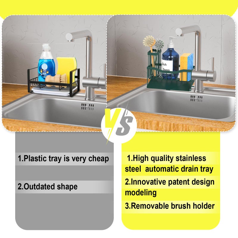 Fssvcd Maifan Sink Caddy Sponge Holder for Kitchen with Brush Holder and Stainless Steel Self Drain Tray, Rustproof Kitchen Sink Organizer for Sponge, Soap Dispenser Storage Accessories Dark Green - Image 4