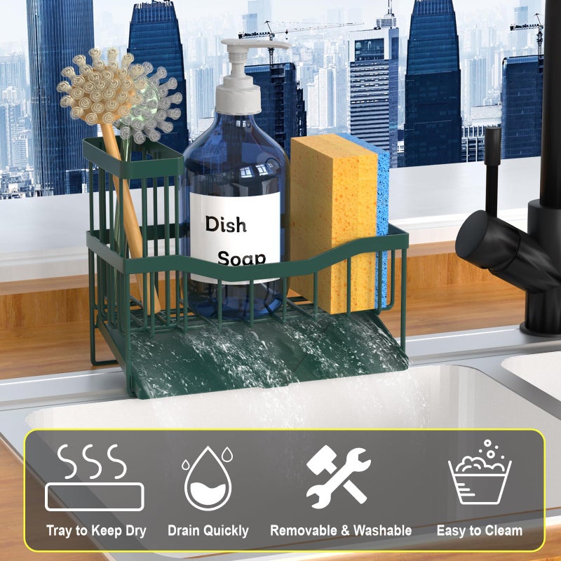 Fssvcd Maifan Sink Caddy Sponge Holder for Kitchen with Brush Holder and Stainless Steel Self Drain Tray, Rustproof Kitchen Sink Organizer for Sponge, Soap Dispenser Storage Accessories Dark Green - Image 3