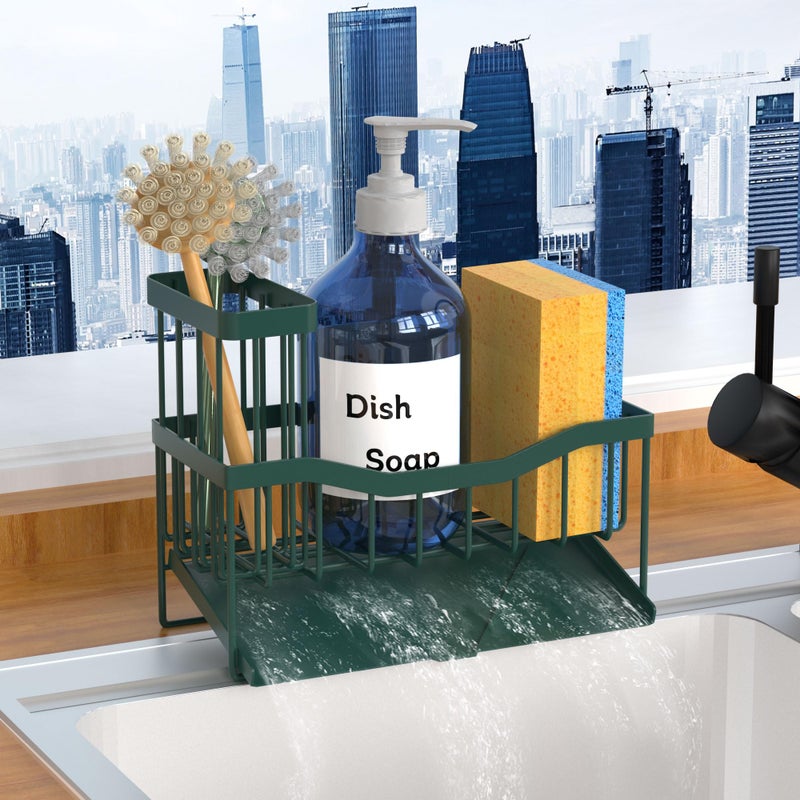 Fssvcd Maifan Sink Caddy Sponge Holder for Kitchen with Brush Holder and Stainless Steel Self Drain Tray, Rustproof Kitchen Sink Organizer for Sponge, Soap Dispenser Storage Accessories Dark Green - Image 1