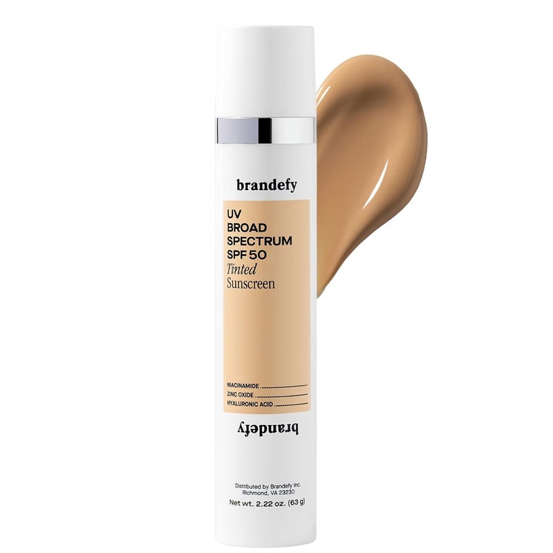 Brandefy UV Tinted SPF 50 Face Sunscreen  Hydrating SheerTinted Face Moisturizer Broad Spectrum with Clear Zinc Oxide Niacinamide  Hyaluronic acid Made in The USA 222 Oz