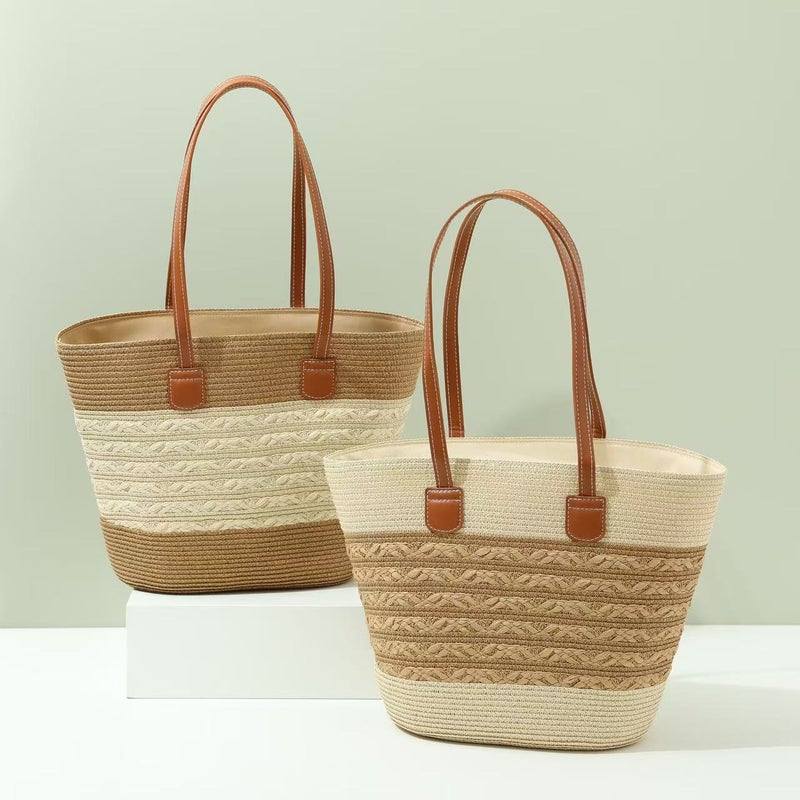 Women'S Casual Fashion Commuter Striped Summer Straw Bag Tote Bag Large Capacity New Seaside Beach Paper - Image 3