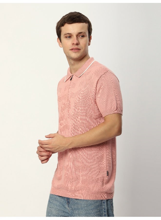 Beyoung Rose Pink Geometric Textured Flat Knit Polo T-Shirt  - Image 2