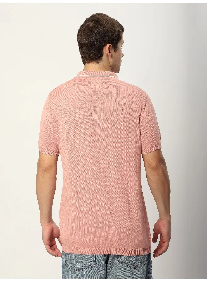 Beyoung Rose Pink Geometric Textured Flat Knit Polo T-Shirt