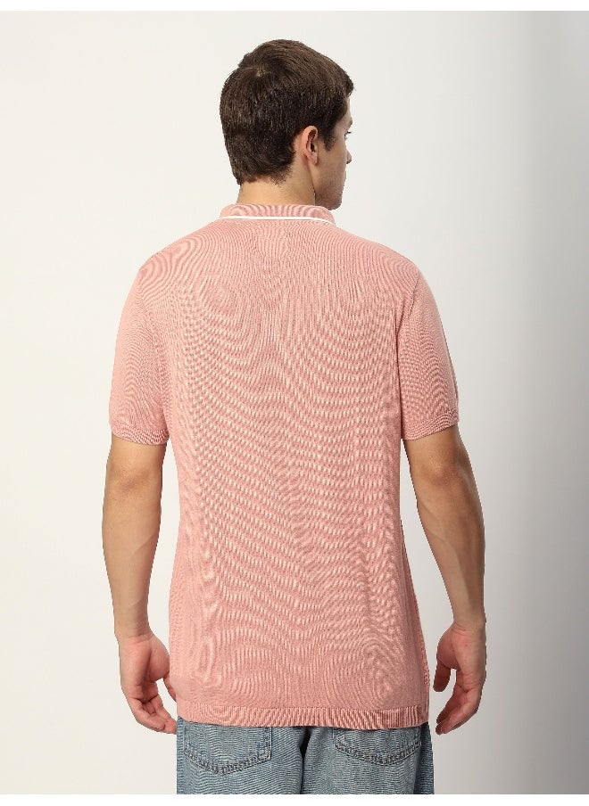 Beyoung Rose Pink Geometric Textured Flat Knit Polo T-Shirt  - Image 4