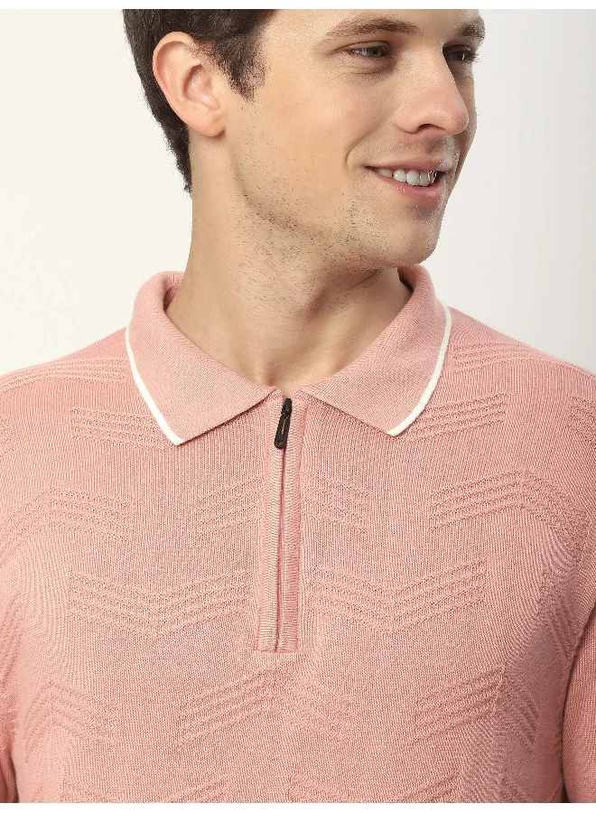 Beyoung Rose Pink Geometric Textured Flat Knit Polo T-Shirt
