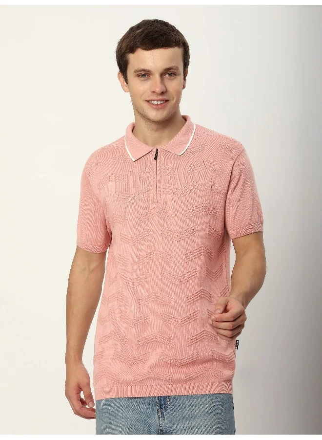 Beyoung Rose Pink Geometric Textured Flat Knit Polo T-Shirt
