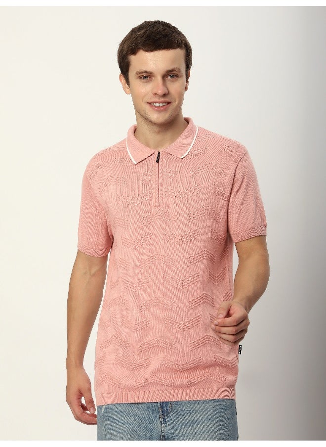 Beyoung Rose Pink Geometric Textured Flat Knit Polo T-Shirt  - Image 5