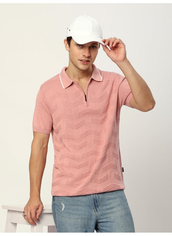 Beyoung Rose Pink Geometric Textured Flat Knit Polo T-Shirt  - Image 3
