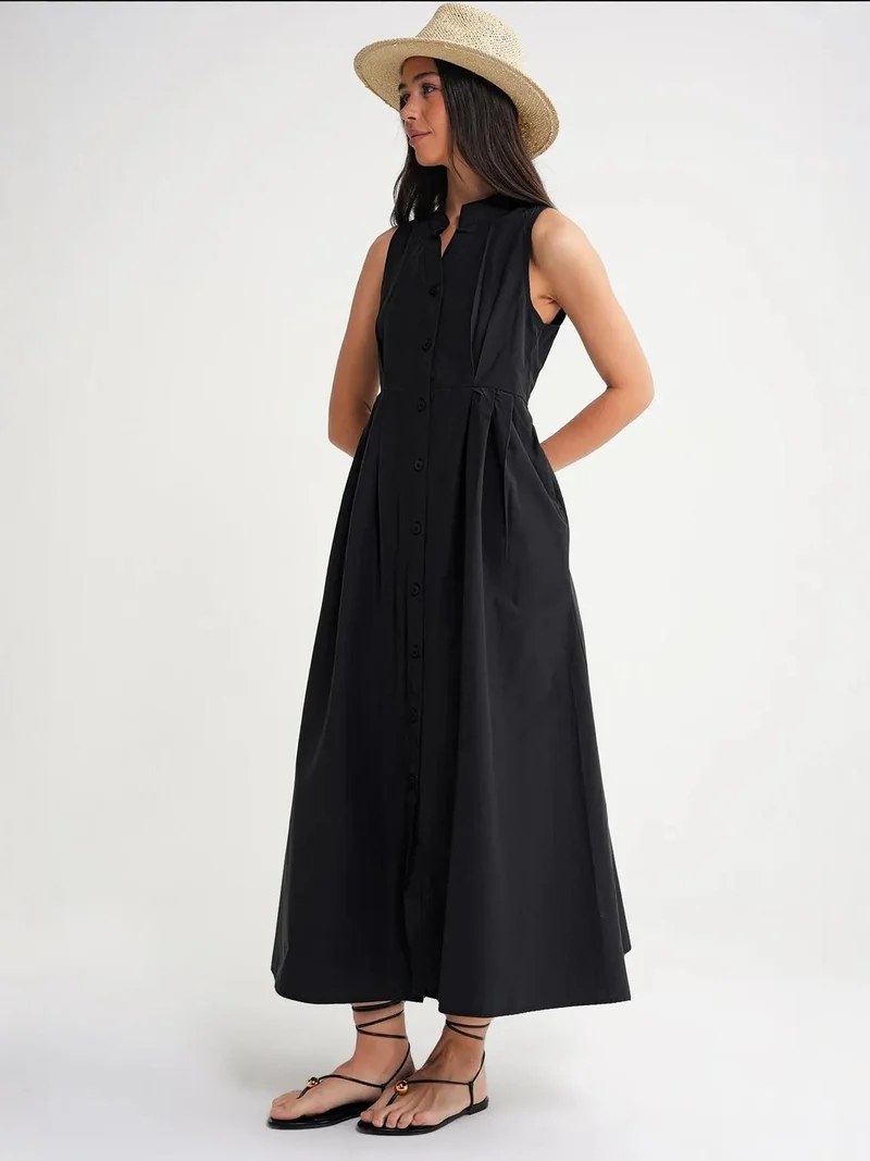 MixRay Black Mixray Buttoned Tippet Collar Maxi Dress for Women | Best Price UAE