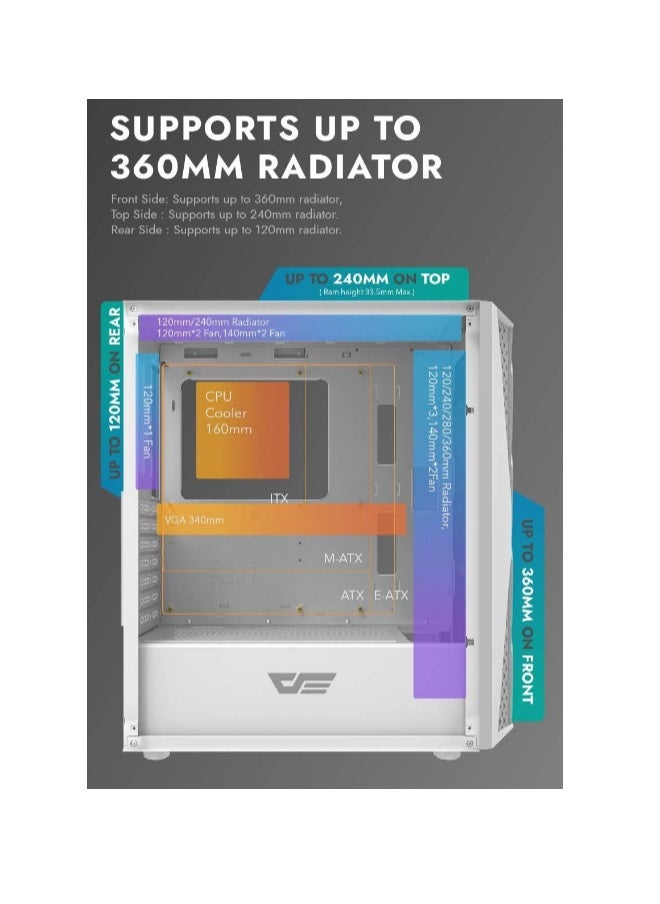 DarkFlash Darkflash DK352 PLUS Luxury ATX/MATX/ITX Gaming PC Case With, Pre-Installed 4 * 120MM ARGB Fans, Transparent Glass Front Panel, USB 3.0 Computer Case Support 360mm Radiator, Computer Case (White)  - Image 5