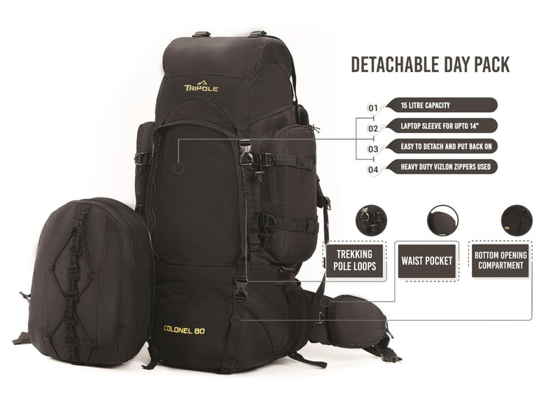 Tripole Colonel Metal Frame 80L Rucksack with Detachable Bag & Rain Cover for Trekking & Travelling | Men & Women | 3 Year Warranty (Black, 80) - Image 2