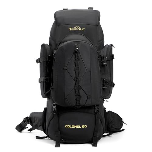 Tripole Colonel Metal Frame 80L Rucksack with Detachable Bag & Rain Cover for Trekking & Travelling | Men & Women | 3 Year Warranty (Black, 80) - Image 1