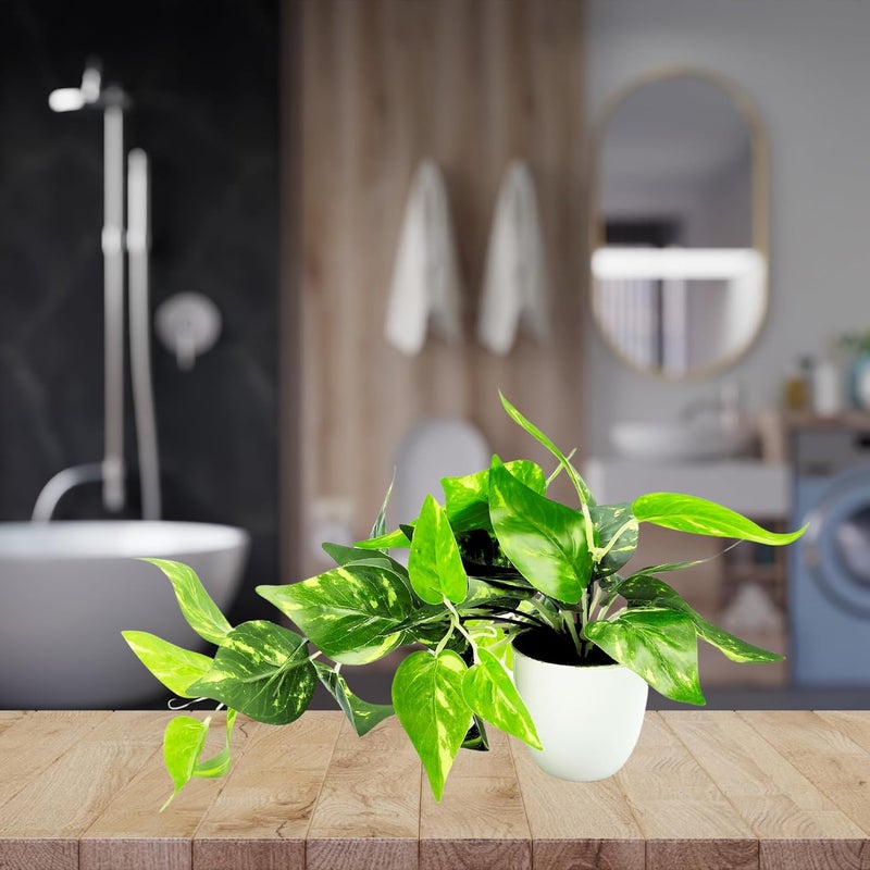 fancymart Plastic Artificial Money Plant Leaves Falling in Pot, Home and Office Decor Item for Desk & Wall Shelves, Green & White - Image 2