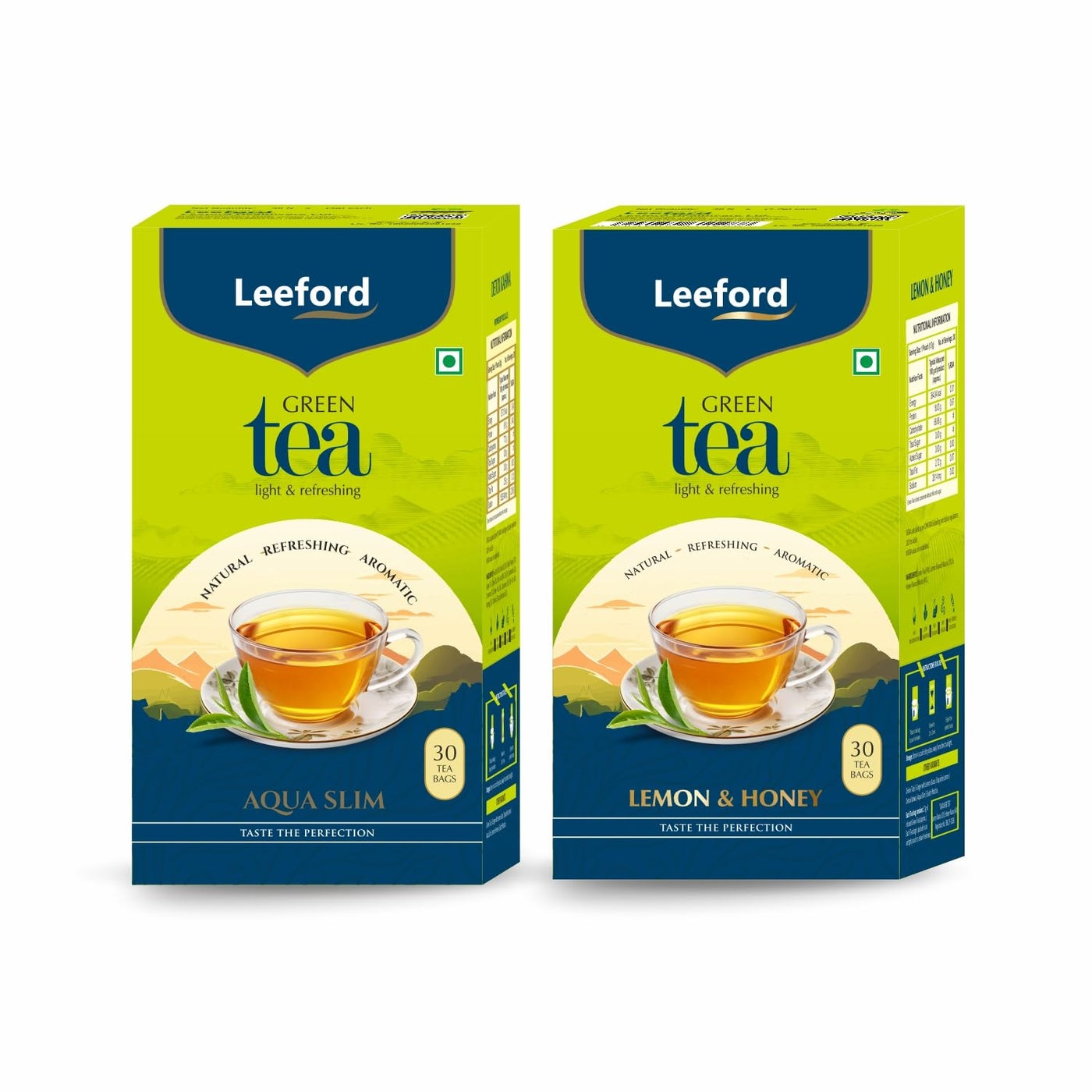 Leeford Honey Lemon Aqua Slim Green Tea - Pack of 2 | 30 Compostable Tea Bags | Garcinia, Hibiscus & Moringa for Fat Burn, Digestion & Detox | Supports Weight Management & Metabolism | Enjoy with Honey | No Milk Needed