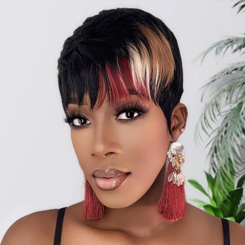 Pixie Cut Wig for Black Women Human Hair Multicolor Pixie Wig with Bangs Brazilian Virgin Human Hair Short Wigs for Black Women Layered Wigs For Women Full Machine Made Wigs 1B30613