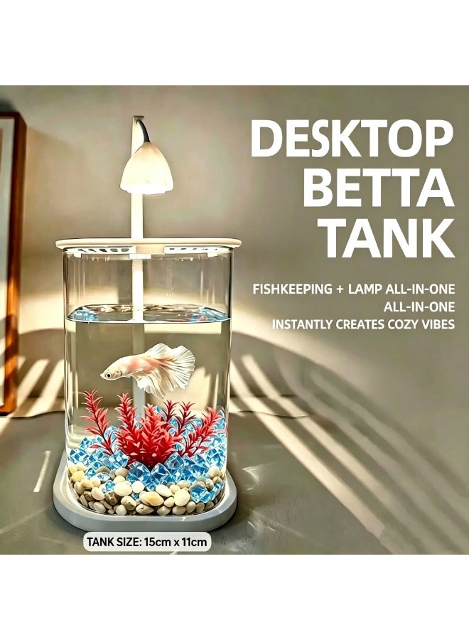 HUANXIN HOME Portable Fish Tank, Small Fish Tank, 0.45 Gallon (About 1.4 liters) Fighting Fish Tank, Suitable For Office, Home And Travel Fish Tanks, Including Pearl Coral Decoration, Equipped With LED Lights and USB Plugs - Image 1
