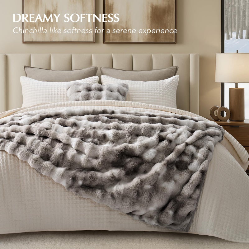 EverGrace Ultra Soft Luxury Fluffy Faux Rabbit Fur Throw Blanket, Thick Warm Bubble Throw for Bed, Cozy Plush Reversible Blankets for Couch, Chair, Sofa, Light Grey, 60x80 Inches - Image 2