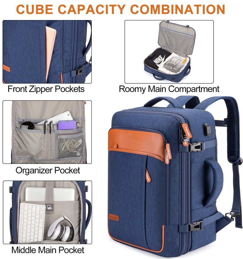 Lumesner Carry on Travel Backpacks, Extra Large 40L Flight Approved for Men & Women,Expandable Suitcase backpack (Blue (Backpack With 4 Packing Cubes)) - Image 5